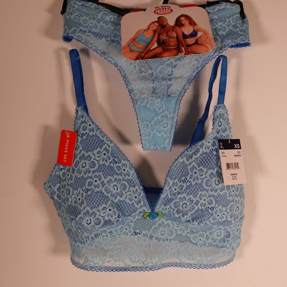 Parade Womens Light Blue Dark Blue Trim Lace Bralette Bra and Thong Panty Set XS